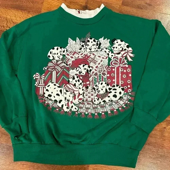 Dalmatians Christmas Sweater Ugly Holiday Xmas Crewneck Sweater Green Women's S - Picture 1 of 6